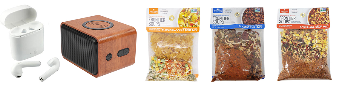Products from Phoenix Apartments gift boxes: wireless ear buds, bluetooth speaker, soup mixes